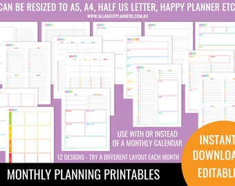 Monthly planning printable goal worksheet overview insert editable refill to do future log US letter size resize a5 half junior mambi