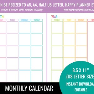 Editable printable monthly calendar planner insert refill goals monday start organizer agenda US letter size resize a5 personal size half image 2