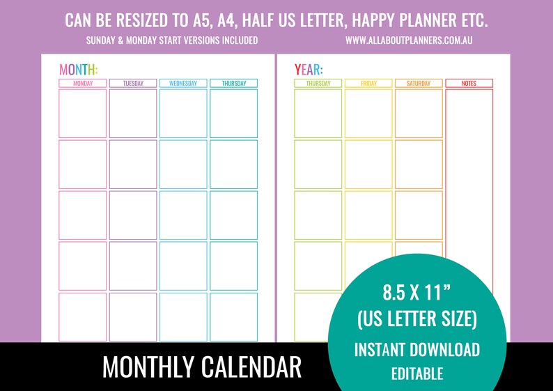 Editable printable monthly calendar planner insert refill goals monday start organizer agenda US letter size resize a5 personal size half image 2