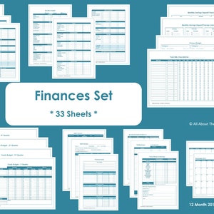 May include: A set of 33 printable finance sheets, including monthly budgets, savings trackers, and a 12-month calendar. The sheets are designed in a simple, clean style with blue and white accents. The title "Finances Set * 33 Sheets *" is displayed in the center of the image.