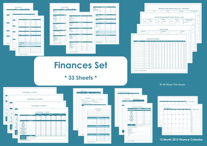 May include: A set of 33 printable finance sheets, including monthly budgets, savings trackers, and a 12-month calendar. The sheets are designed in a simple, clean style with blue and white accents. The title "Finances Set * 33 Sheets *" is displayed in the center of the image.