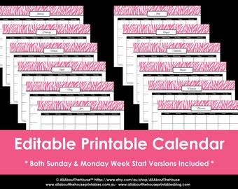 EDITABLE pink zebra calendars - Undated - use for 2024 etc. Perpetual Printable Calendar Pdf meal plan, school, home, life, direct sales