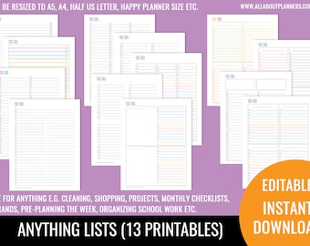 Anything list printable planner insert editable refill to do checklist shopping grocery task organizer agenda US letter size resize a5 half