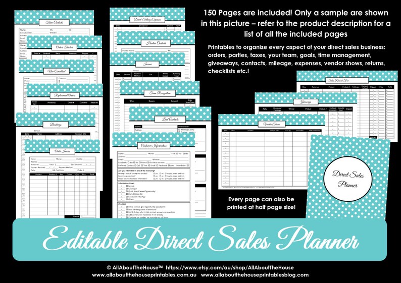 Direct Sales Planner Editable Business Planner Binder Printables Organize Any Direct Sales Business 150pages Blue Polka Dot INSTANT DOWNLOAD image 1