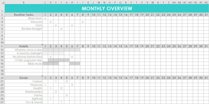 Monthly Habit Tracker spreadsheet Excel routine tasks, goals, google sheets template organize daily weekly monthly tasks cleaning chores image 1