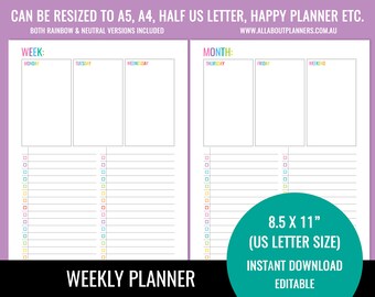 Weekly planner printable editable monday start checklist rainbow neutral insert list refill US letter size resize a5 personal size half