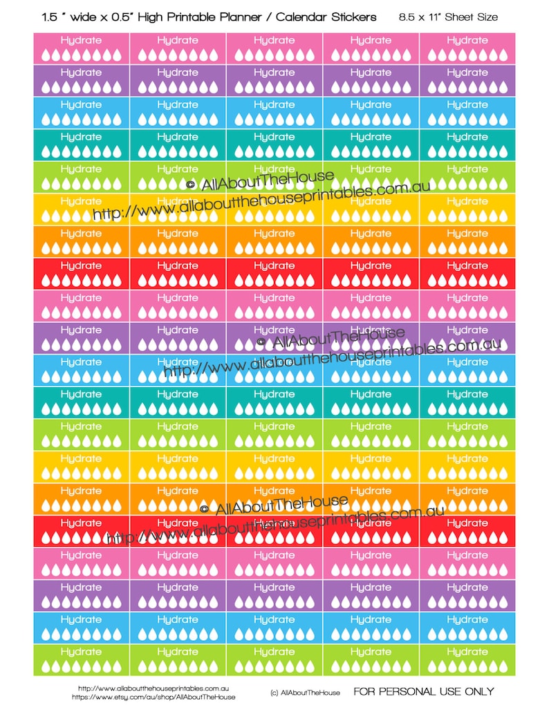 Hydrate Printable Calendar Planner Stickers Water Intake Tracker 1.5 wide x 0.5 Rainbow 2015 Planner made for Erin Condren ECLP ect OL147 image 1