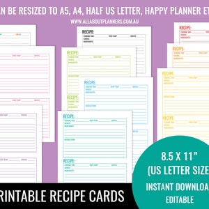 May include: A collection of printable recipe cards in various colors including pink, yellow, green, and blue. Each card features fields for recipe title, cooking time, oven temperature, servings, source, ingredients, and instructions. Text includes 8.5 x 11 inches.