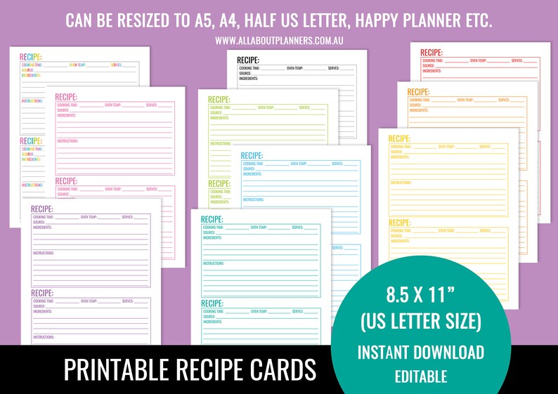 May include: A collection of printable recipe cards in various colors including pink, yellow, green, and blue. Each card features fields for recipe title, cooking time, oven temperature, servings, source, ingredients, and instructions. Text includes 8.5 x 11 inches.