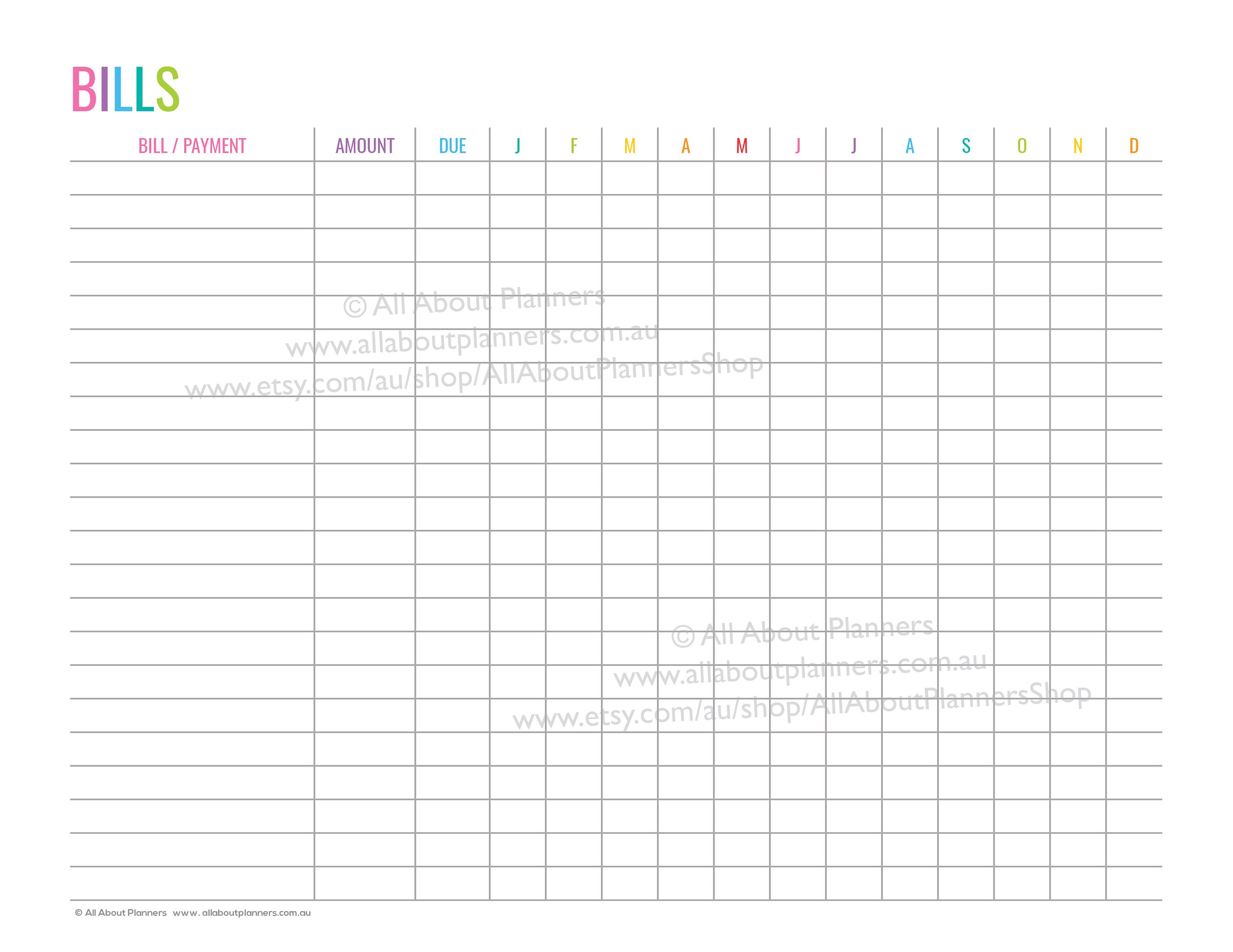 Printable Bill Tracker Template