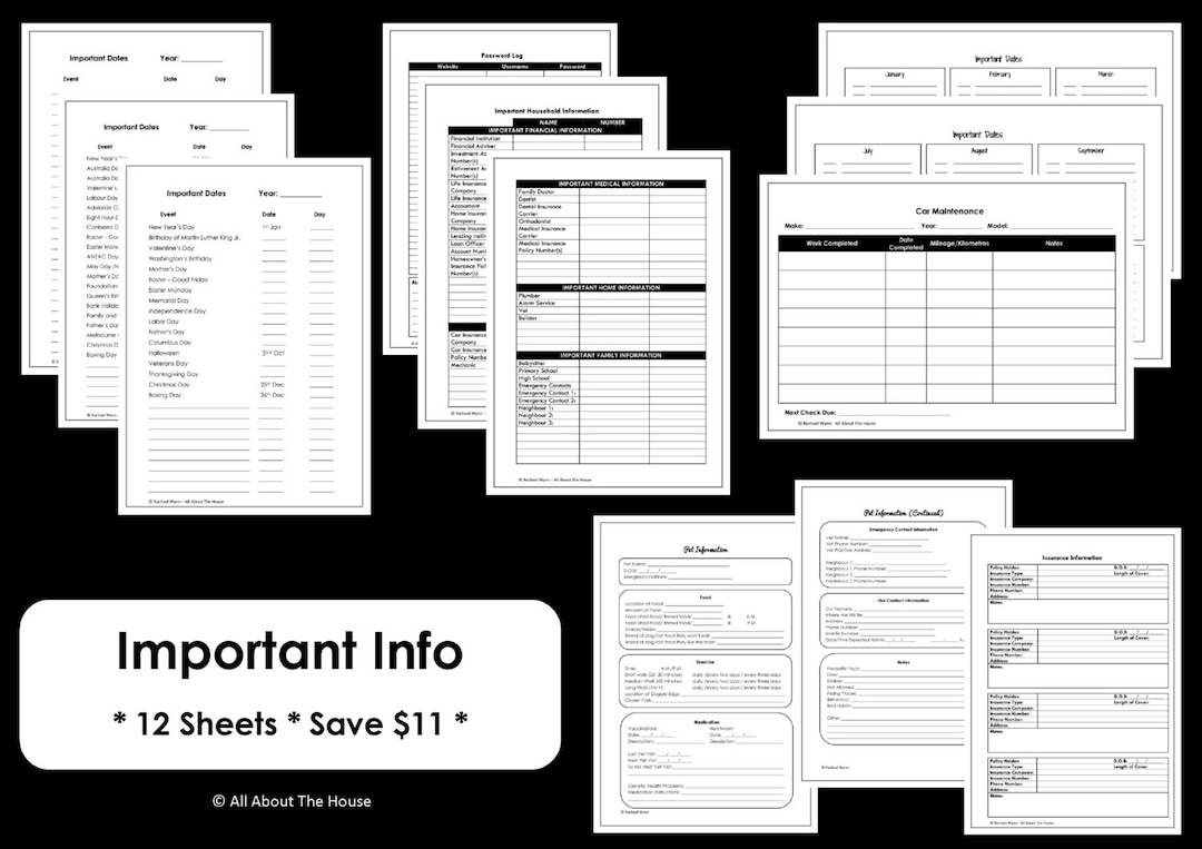 Important Information Printables - Home Organisation - Household Binder ...