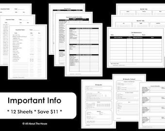 Important Information Printables - Home Organisation - Household Binder - 12 sheets - Value Pack