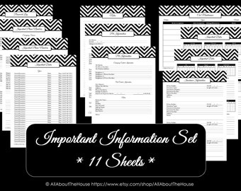 Important Information Printables - Home Organisation - Household Binder - Pdf Printable - Chevron Printable -11 sheets - Value Pack