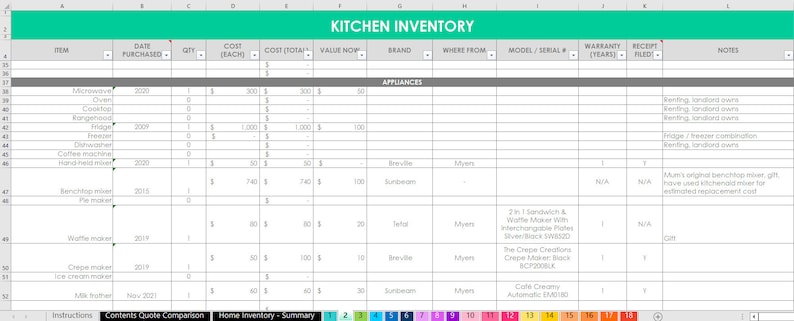 May include: A green and grey spreadsheet with the title "Kitchen Inventory". The spreadsheet lists kitchen appliances, their purchase date, quantity, cost, and value. The spreadsheet also includes information about the brand, where the appliance was purchased from, the model number, warranty information, and notes.