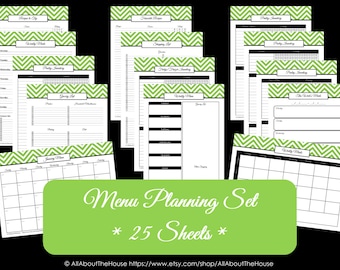 GREEN Menu Planner Printables - Meal Planning Organisation-Household Binder-25 sheets-Chevron Planner Printables-pdf-INSTANT DOWNLOAD