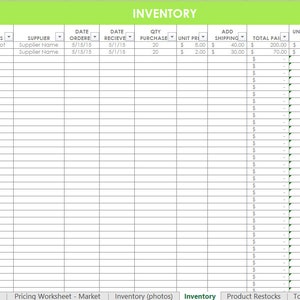 Inventory spreadsheet etsy seller tool shop management supplies materials cost of goods sold wholesale retail pricing worksheet excel GREEN image 5