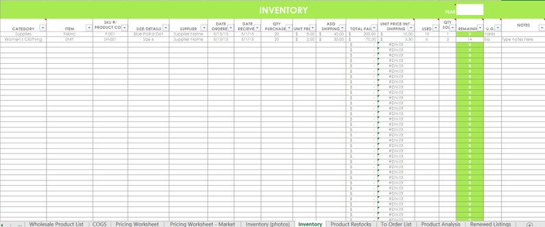 Inventory spreadsheet etsy seller tool shop management supplies materials cost of goods sold wholesale retail pricing worksheet excel GREEN image 5