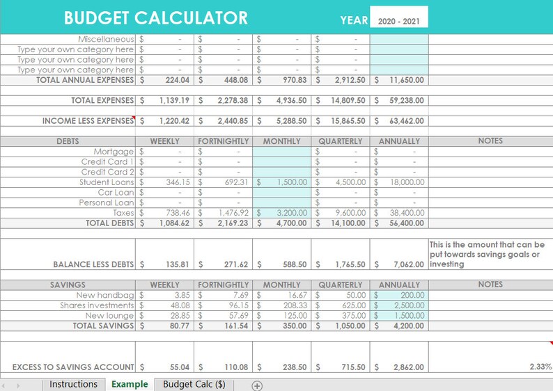 Budget calculator excel spreadsheet income expenses template etsy