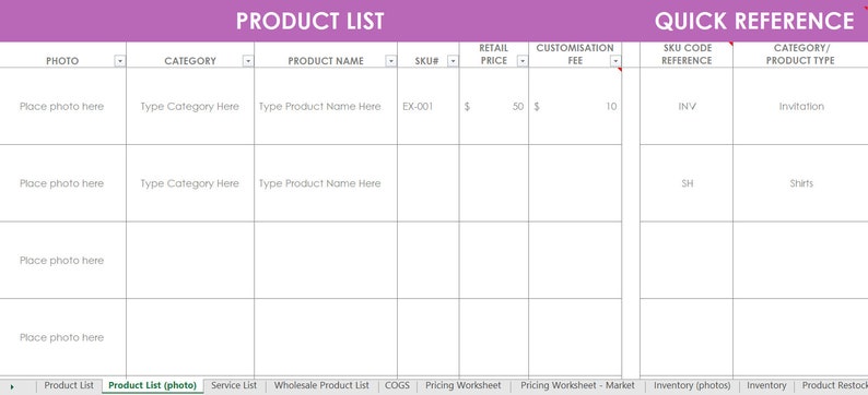 Inventory spreadsheet etsy seller tool shop management supplies materials cost of goods sold wholesale retail pricing worksheet excel PURPLE image 6