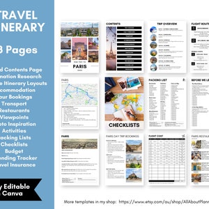 Travel Itinerary Template travel planner vacation trip hotel bookings day tours daily packing list fully editable & customisable in Canva image 1