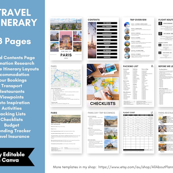 Travel Itinerary Template travel planner vacation trip hotel bookings day tours daily packing list (fully editable & customisable in Canva)