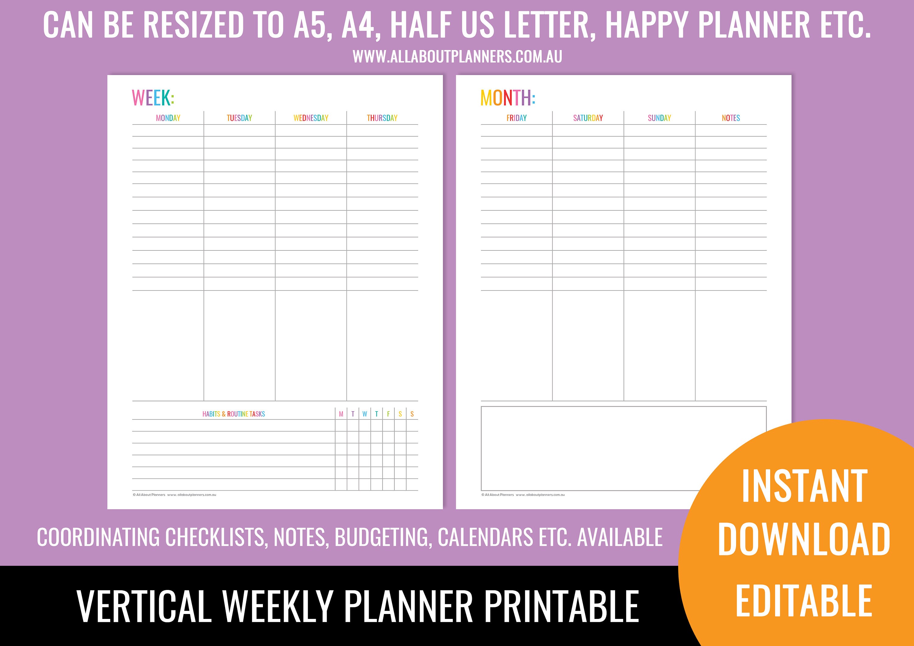 Weekly Planner PRINTABLE A4 Half Size Vertical Weekly Planner Printable A5 Home Décor Prints ...