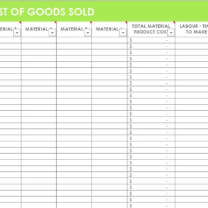 Inventory spreadsheet etsy seller tool shop management supplies materials cost of goods sold wholesale retail pricing worksheet excel GREEN image 2