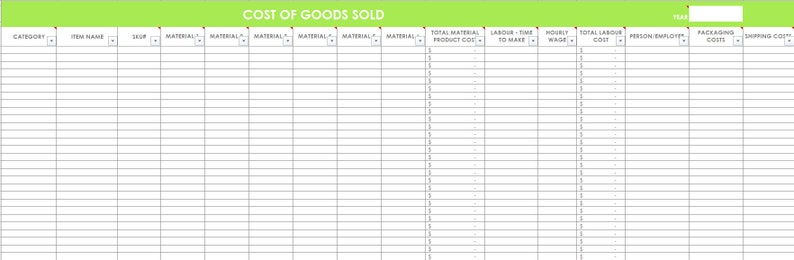 Inventory spreadsheet etsy seller tool shop management supplies materials cost of goods sold wholesale retail pricing worksheet excel GREEN image 2