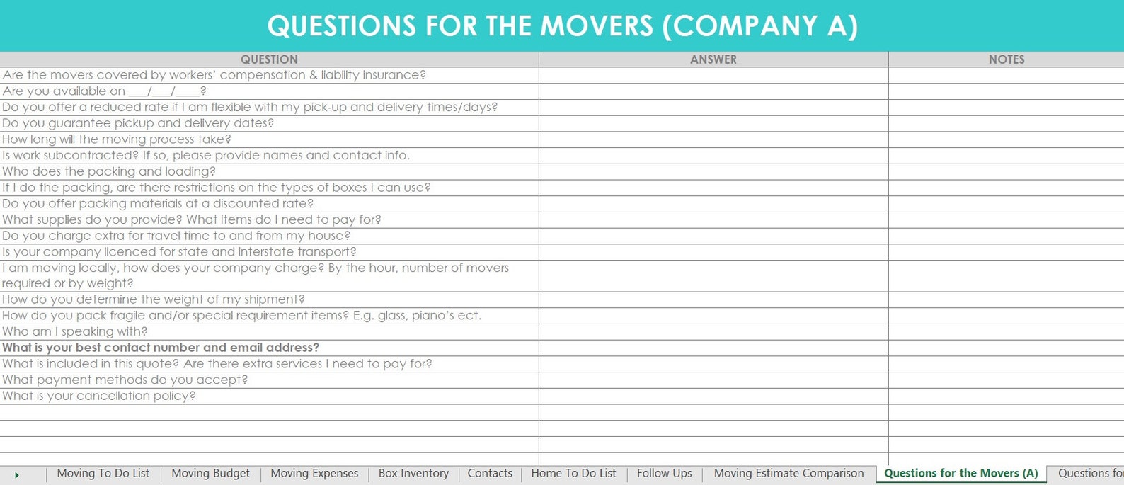 Moving Spreadsheet Planner Checklist Box Labels Budget Change of ...
