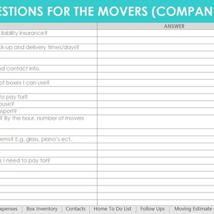 Moving Spreadsheet Planner Checklist Box Labels Budget Change of ...