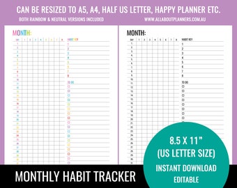Editable monthly habit tracker printable planner insert list refill goals start organizer agenda US letter size resize a5 personal size half