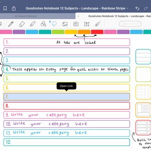 Goodnotes digital notebook 12 subject tabs hyperlinked rainbow dot grid lined cornell notes checklist page templates instant download image 2