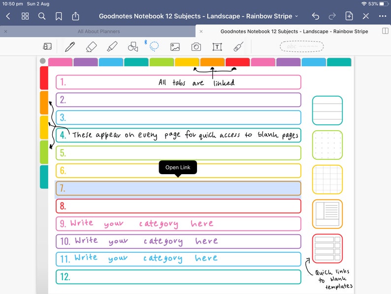 Goodnotes digital notebook 12 subject tabs hyperlinked rainbow dot grid lined cornell notes checklist page templates instant download image 2