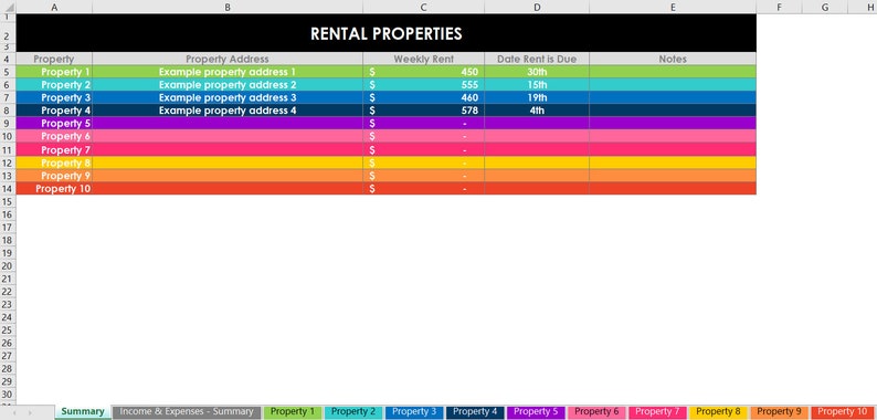 Rental Property spreadsheets track income expenses 1 20 investment properties manager use Microsoft Excel Google Sheets or Numbers for Mac image 2