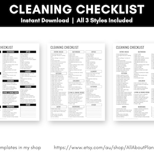 May include: A printable cleaning checklist with three different styles. The checklist includes categories for the entire house, bathroom, office, kitchen, children's rooms, living and dining rooms, entryway, bedrooms, exterior, and other. The checklist is available for instant download. The text "More templates in my shop" and a link to the shop are at the bottom of the page.