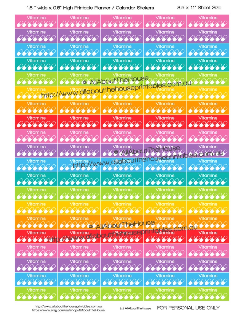 Vitamin Tracker Planner Stickers Printable Daily Pill Dosage 1.5 wide x 0.5 Rainbow made for Erin Condren ECLP Plum Paper Kikki K Filofax 画像 1
