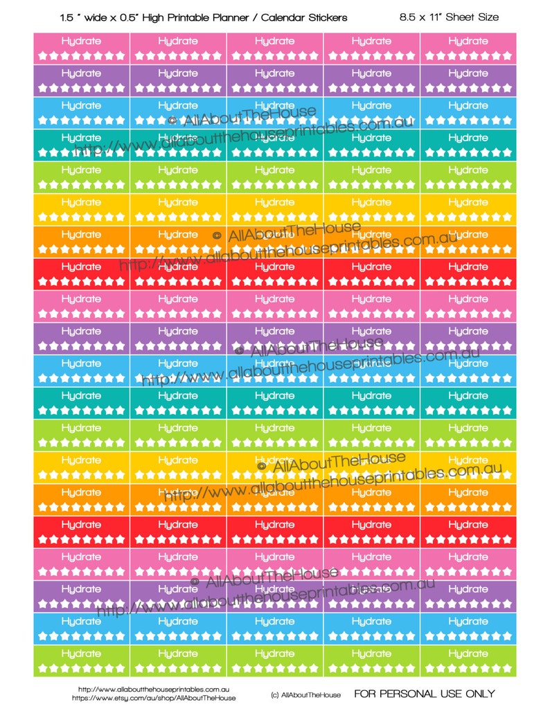 Hydrate Printable Calendar Planner Stickers Water Intake Tracker Stars 1.5W x 0.5H Rainbow 2015 Planner made for Erin Condren ECLP Ol087 image 2