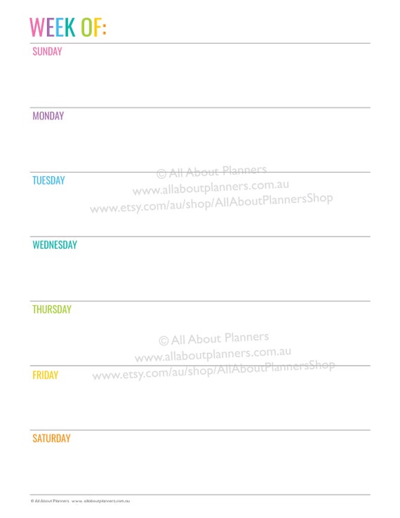 Horizontal Weekly planner printable editable 1 page rainbow 7 day &amp; 5 ...