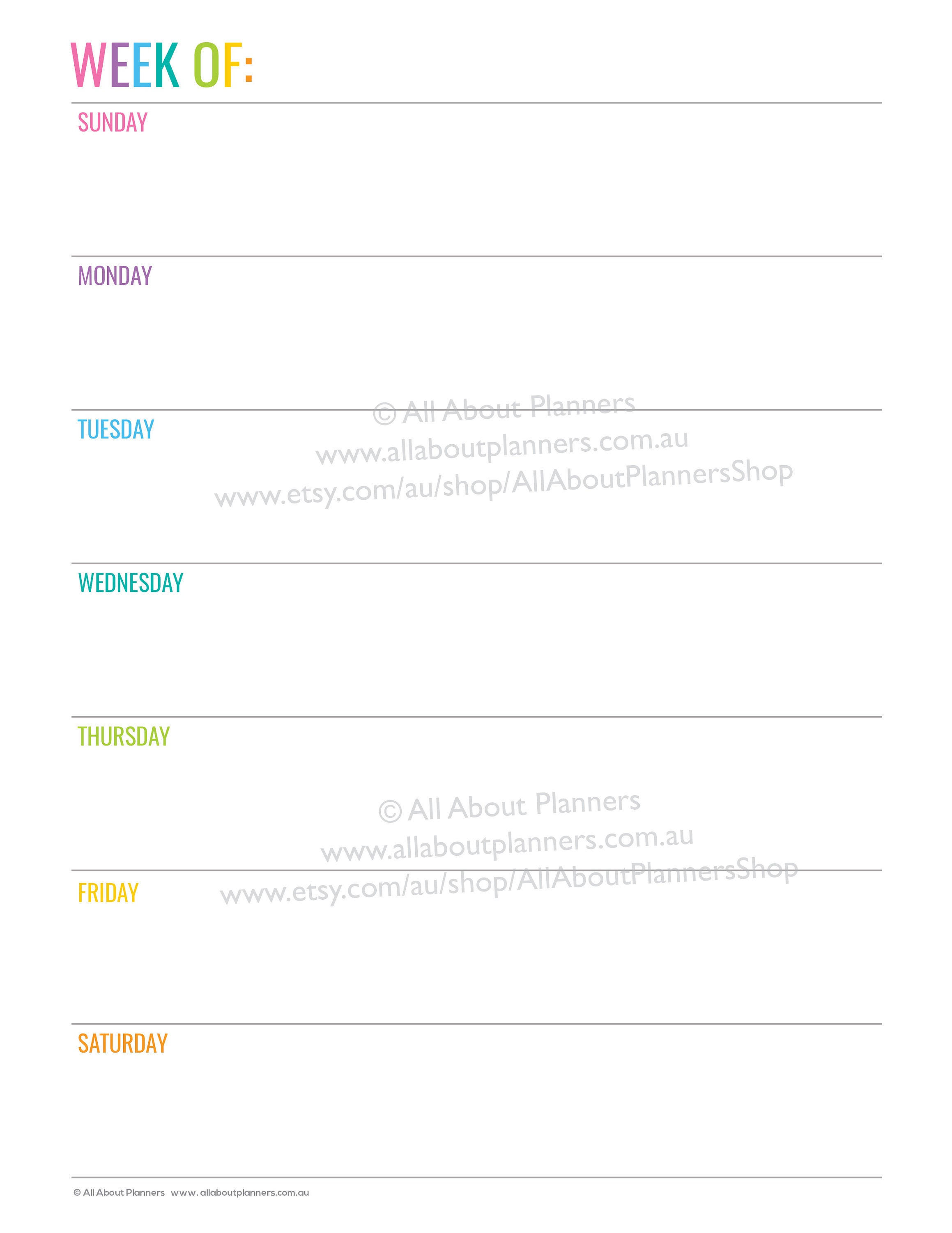 Horizontal Weekly planner printable editable 1 page rainbow 7 | Etsy