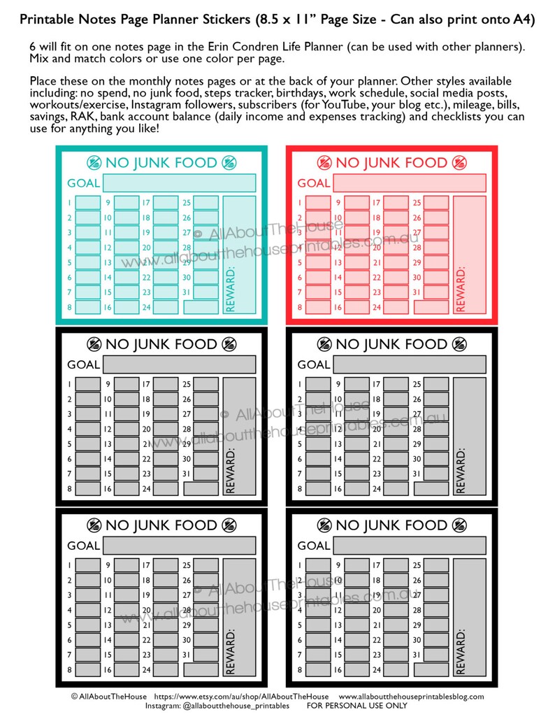 No junk food planner stickers notes page Printable healthy eating meal planning ECLP Rainbow monthly tracker happy plum paper NPTS8 image 2