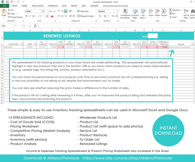 Business spreadsheets tool Etsypreneur bundle Etsy Success Inventory Money Business Planner handmade craft template tax pricing cogs image 3