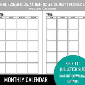 Editable printable monthly calendar planner insert refill goals monday start organizer agenda US letter size resize a5 personal size half
