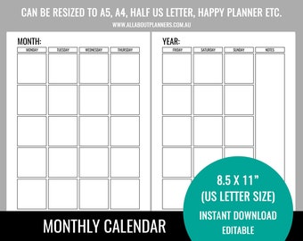 Editable printable monthly calendar planner insert refill goals monday start organizer agenda US letter size resize a5 personal size half