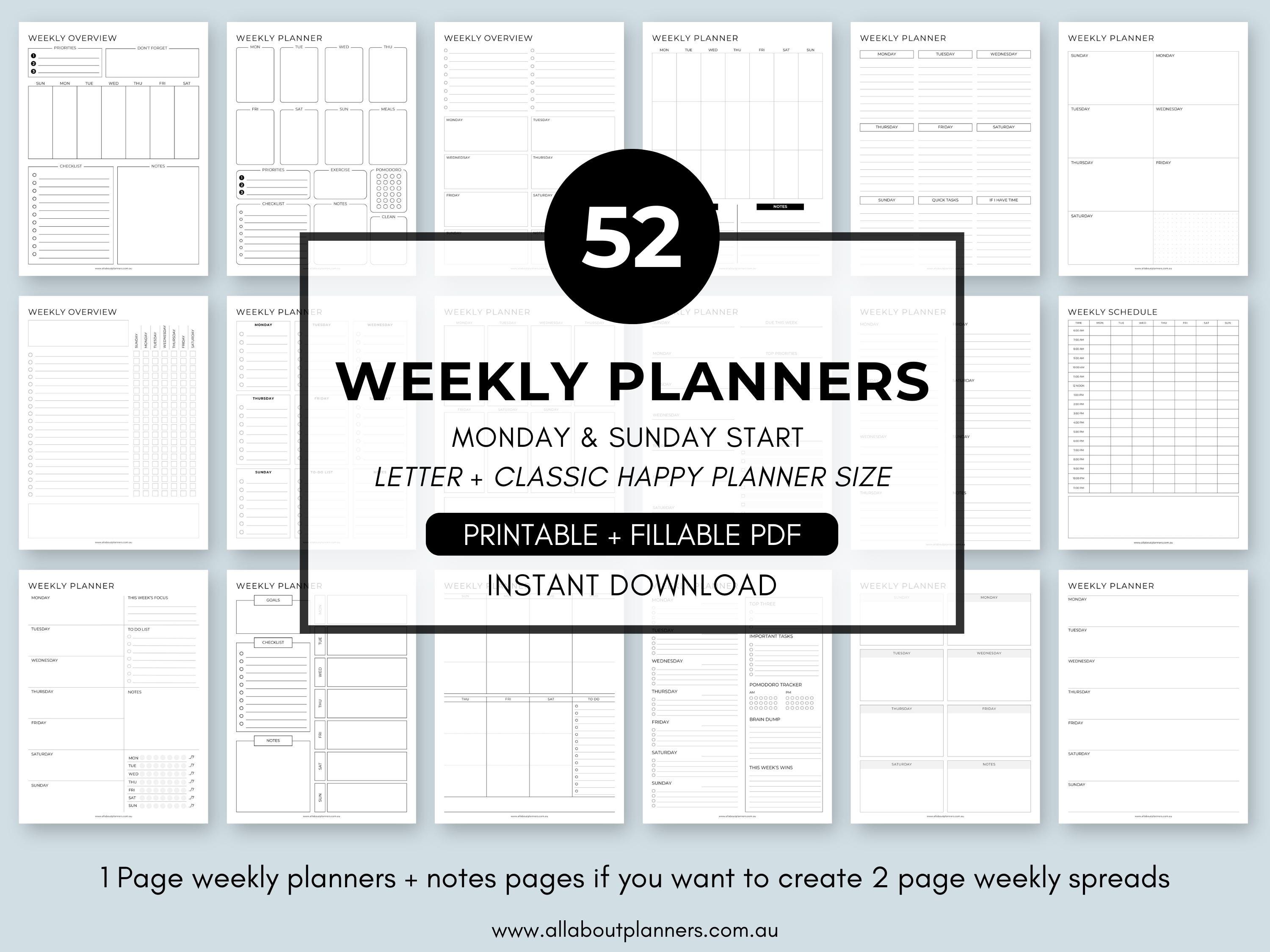 Weekly Planner Printable Undated Week on 1 Page Layout Monday Sunday ...