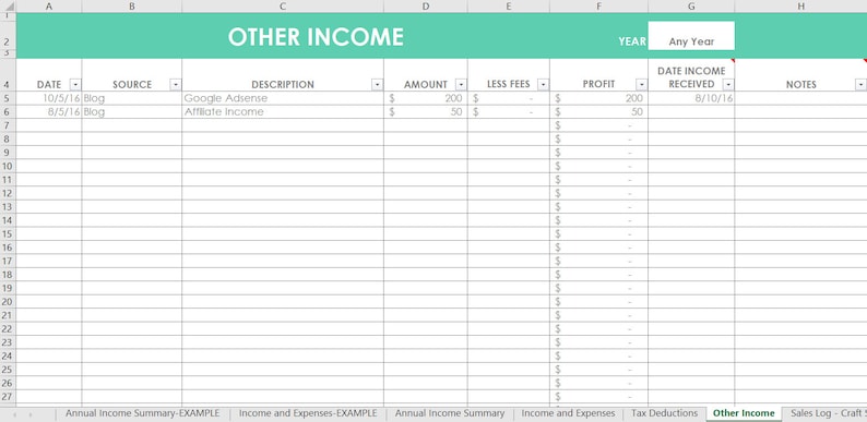 Etsy Seller Spreadsheets, shop management Tool, financial, tax reporting, profit and loss, income, expenses, spreadsheet, excel, google docs image 2