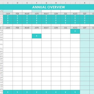 Annual overview spreadsheet Excel routine task goals google sheet template organize daily weekly monthly tasks cleaning chores blog business image 2