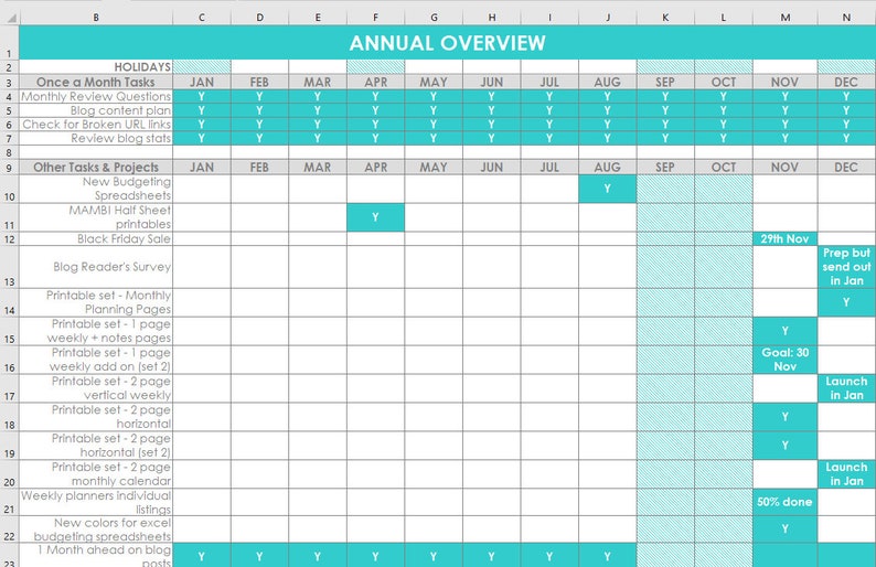 Annual overview spreadsheet Excel routine task goals google sheet template organize daily weekly monthly tasks cleaning chores blog business image 2
