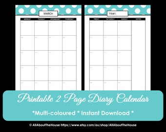 Calendar Printable Perpetual Polka Dot Calendar 2022 2023 Calendar 2 page Diary Day Planner Agenda Meal Plan Teacher Planner Family Student