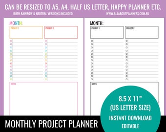 Project planner printable monthly tasks checklist to do editable fillable pdf template insert goals US letter size resize a5 personal size