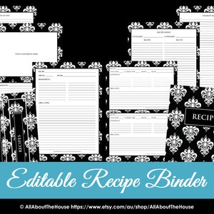 EDITABLE Recipe Binder Printables Recipe Sheet Recipe Card Recipes to Try Template PDF Editable Binder Cover Spine Favorite Recipes Damask image 1